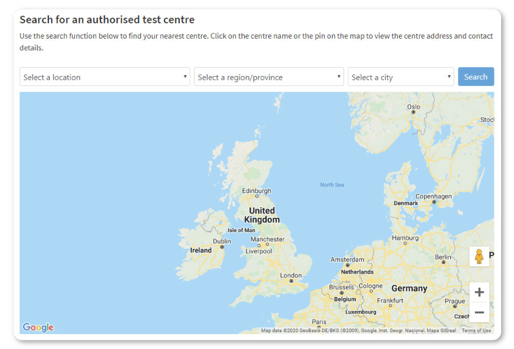 screenshot of a map showing the ECAA authorized test centre locations