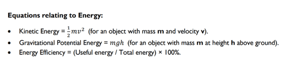 Example of equations relating to energy, potential energy, energy efficiency