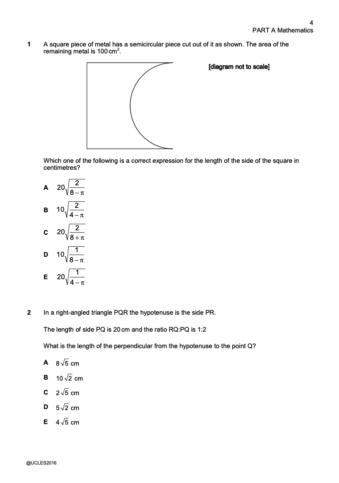 NSAA Section 1 Maths Example Page